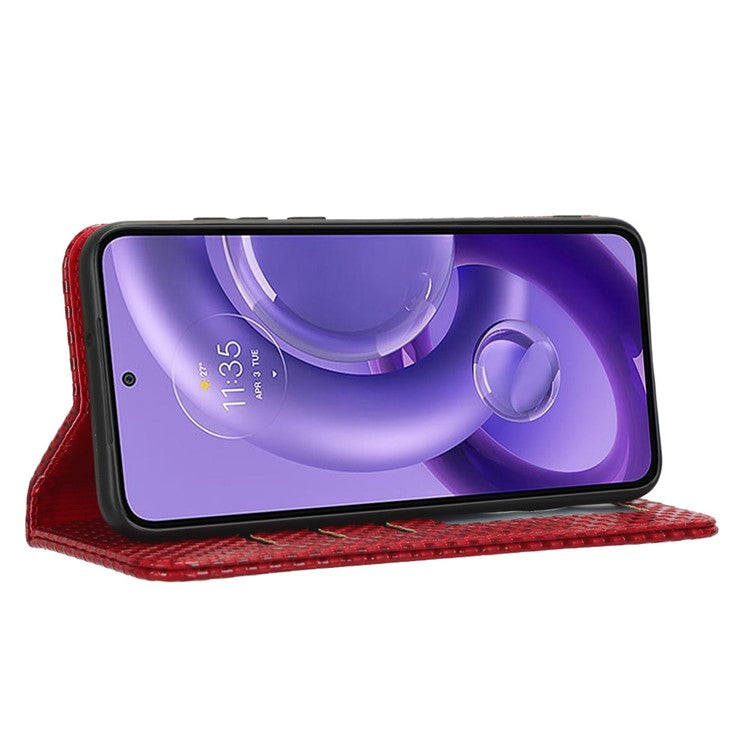 For Motorola Edge 30 Neo 5G / Edge 30 Lite 5G Slim Fit Grid Texture PU Leather Stand Case Auto-absorbed Phone Wallet Cover - Wine Red