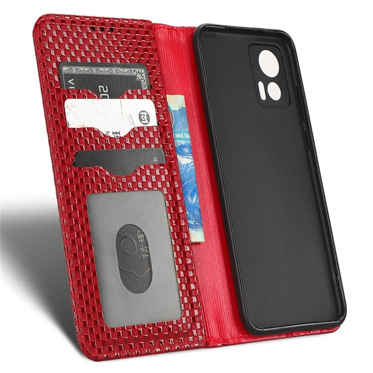 For Motorola Edge 30 Neo 5G / Edge 30 Lite 5G Slim Fit Grid Texture PU Leather Stand Case Auto-absorbed Phone Wallet Cover - Wine Red