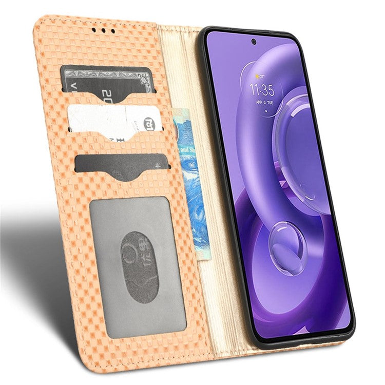 For Motorola Edge 30 Neo 5G / Edge 30 Lite 5G Slim Fit Grid Texture PU Leather Stand Case Auto-absorbed Phone Wallet Cover - Beige