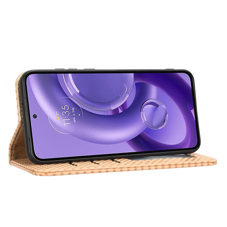 For Motorola Edge 30 Neo 5G / Edge 30 Lite 5G Slim Fit Grid Texture PU Leather Stand Case Auto-absorbed Phone Wallet Cover - Beige