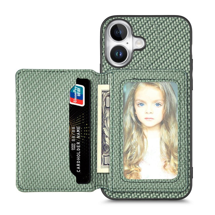 C1-02 For iPhone 16 Case RFID Blocking Card Holder Carbon Fiber Leather+PC+TPU Phone Cover - Green