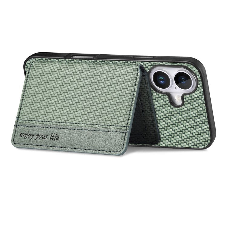 C1-02 For iPhone 16 Case RFID Blocking Card Holder Carbon Fiber Leather+PC+TPU Phone Cover - Green