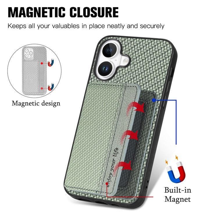 C1-02 For iPhone 16 Case RFID Blocking Card Holder Carbon Fiber Leather+PC+TPU Phone Cover - Green