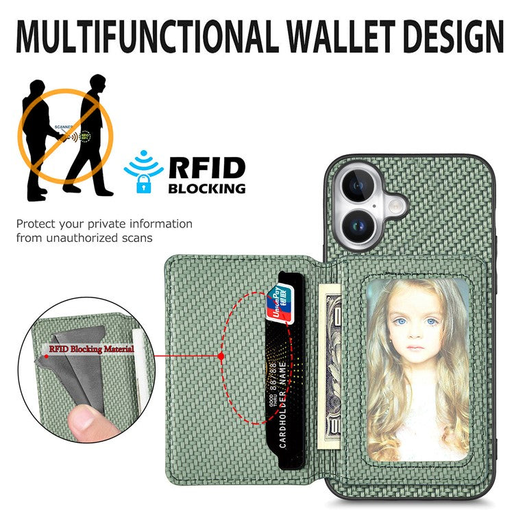 C1-02 For iPhone 16 Case RFID Blocking Card Holder Carbon Fiber Leather+PC+TPU Phone Cover - Green