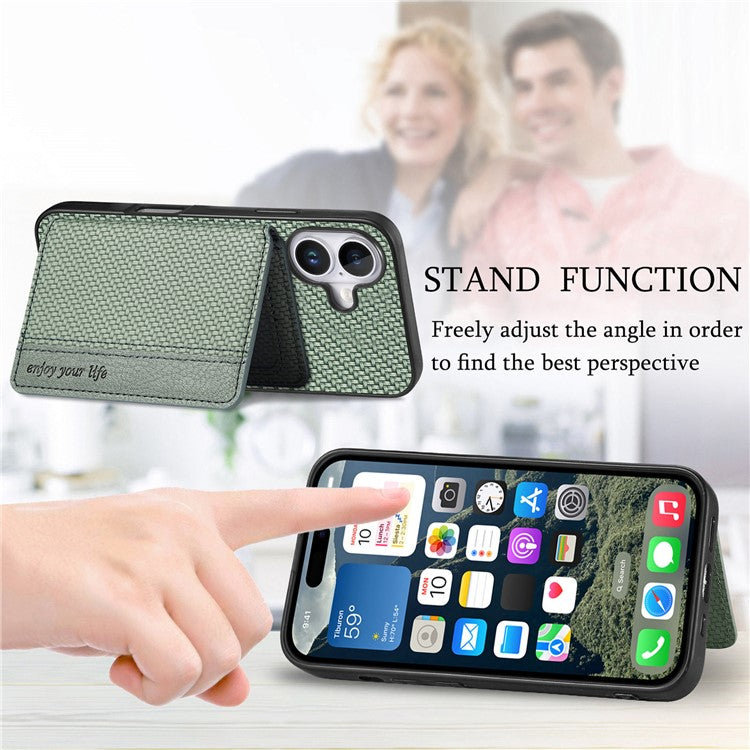 C1-02 For iPhone 16 Case RFID Blocking Card Holder Carbon Fiber Leather+PC+TPU Phone Cover - Green