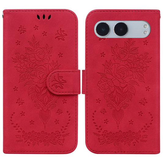 For OnePlus Nord 4 Case PU Leather Wallet Phone Cover Butterfly Flower Imprint - Red