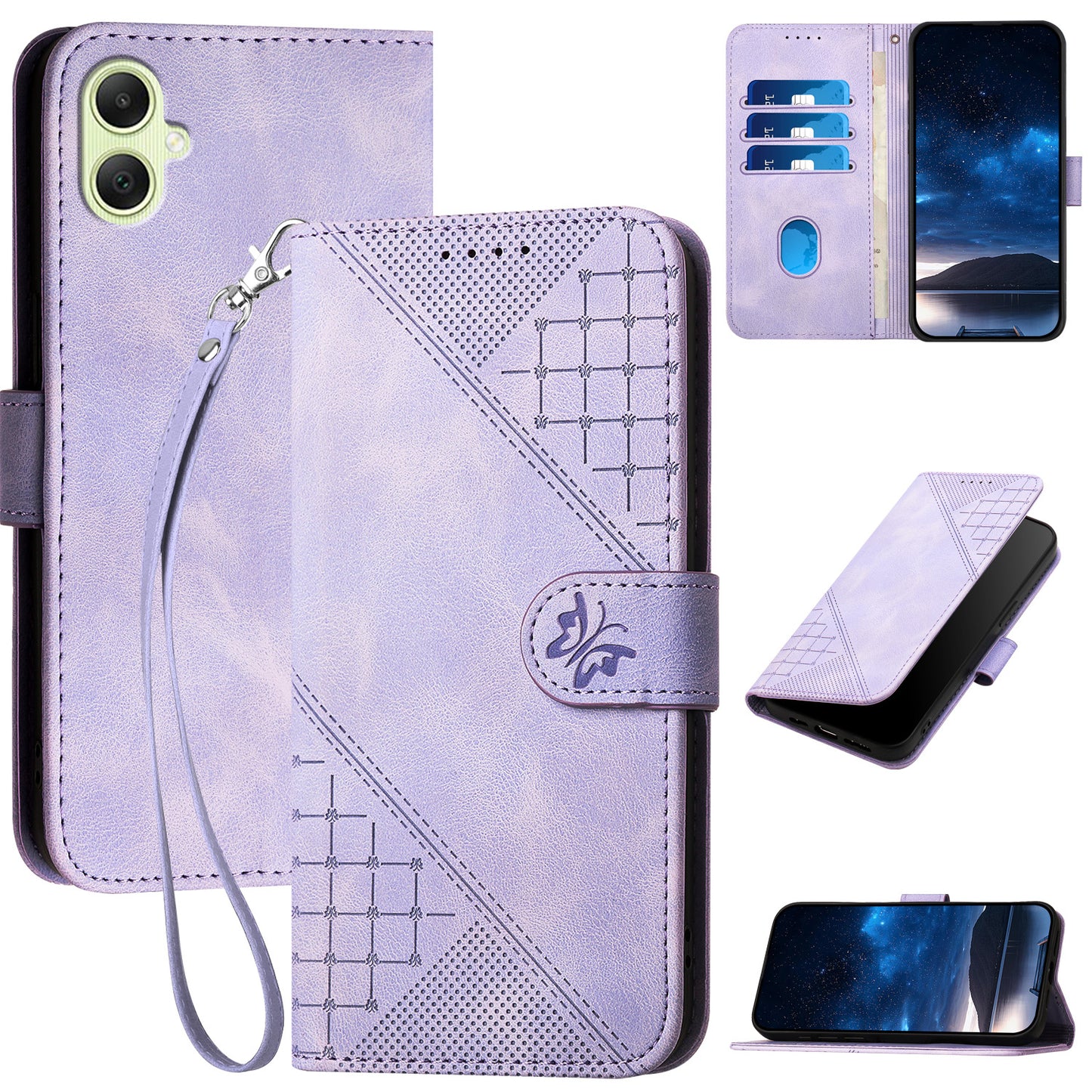 YX0080 For Samsung Galaxy A06 Case Butterfly Imprint Leather Wallet Phone Cover - Light Purple