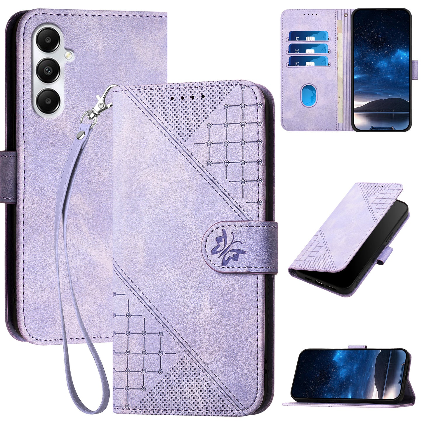 YX0080 For Samsung Galaxy A16 5G / A16 4G Case Butterfly Imprint Leather Wallet Phone Cover - Light Purple