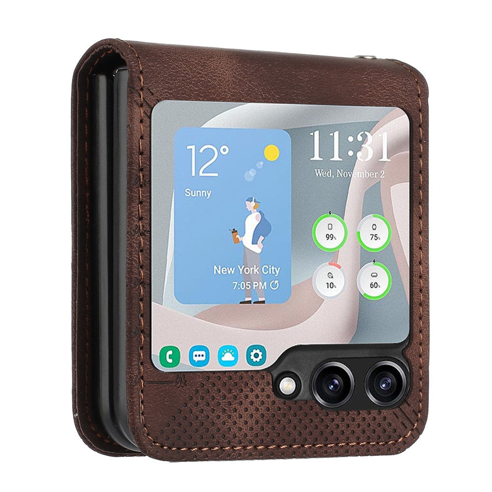 For Samsung Galaxy Z Flip7 FE 5G / Z Flip6 5G Leather Wallet Case Butterfly Flower Imprinted Phone Cover with Strap - Brown
