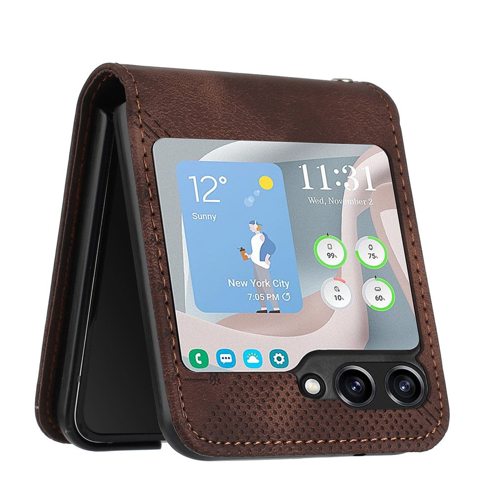 For Samsung Galaxy Z Flip7 FE 5G / Z Flip6 5G Leather Wallet Case Butterfly Flower Imprinted Phone Cover with Strap - Brown