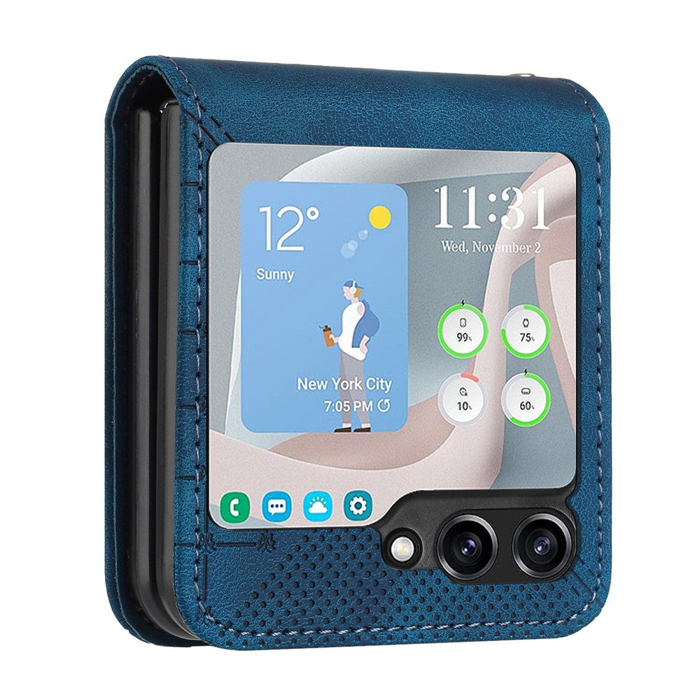 For Samsung Galaxy Z Flip7 FE 5G / Z Flip6 5G Leather Wallet Case Butterfly Flower Imprinted Phone Cover with Strap - Sapphire