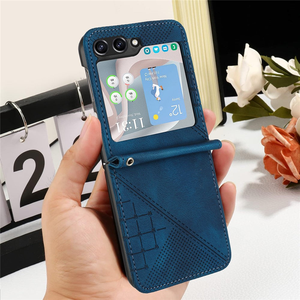 For Samsung Galaxy Z Flip7 FE 5G / Z Flip6 5G Leather Wallet Case Butterfly Flower Imprinted Phone Cover with Strap - Sapphire