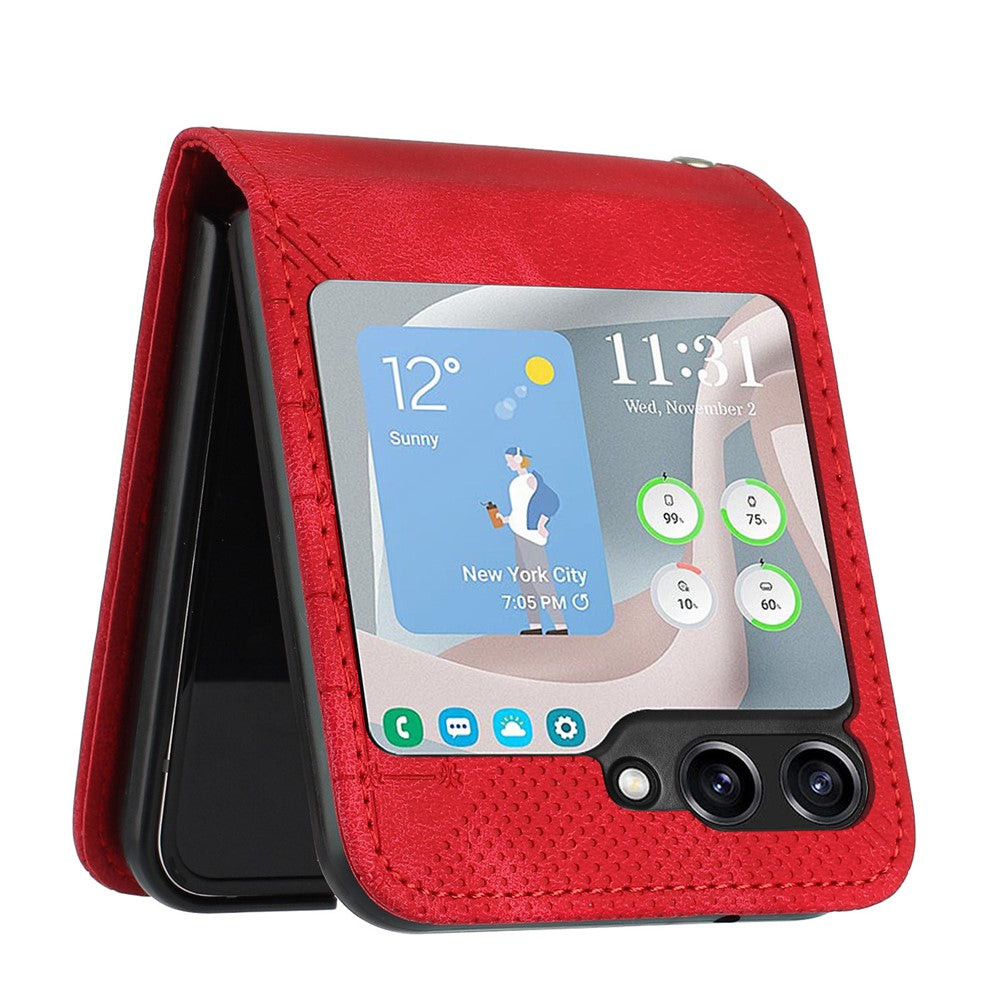 For Samsung Galaxy Z Flip7 FE 5G / Z Flip6 5G Leather Wallet Case Butterfly Flower Imprinted Phone Cover with Strap - Red