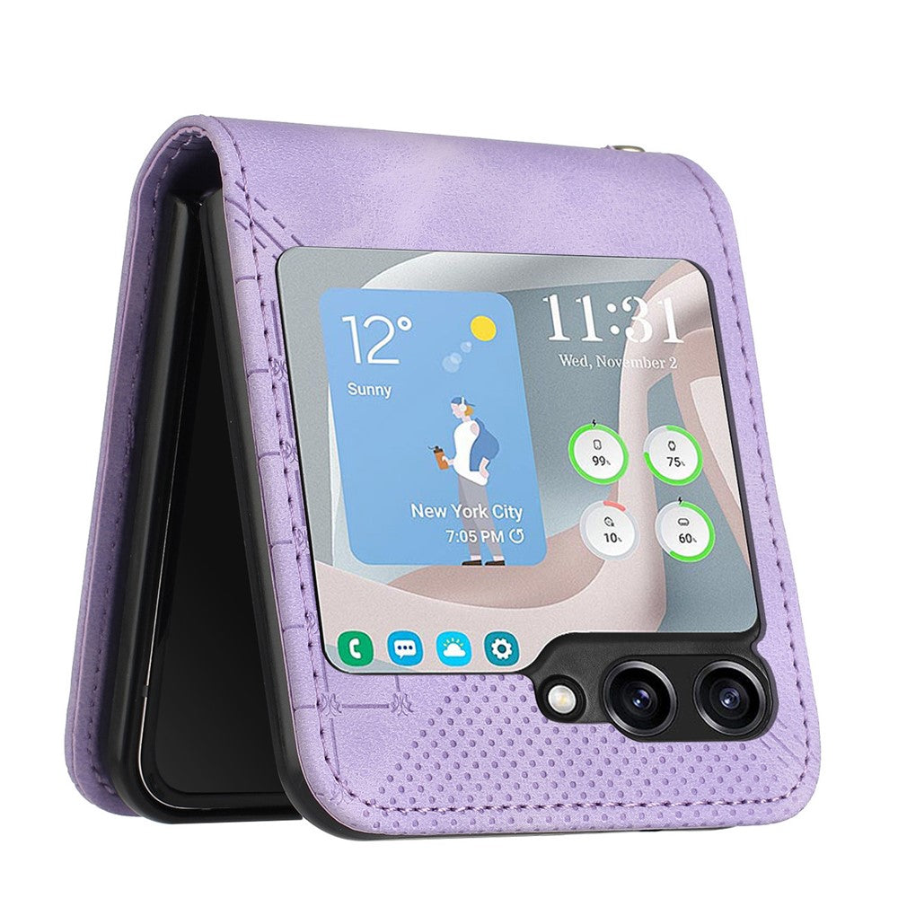 For Samsung Galaxy Z Flip7 FE 5G / Z Flip6 5G Leather Wallet Case Butterfly Flower Imprinted Phone Cover with Strap - Light Purple