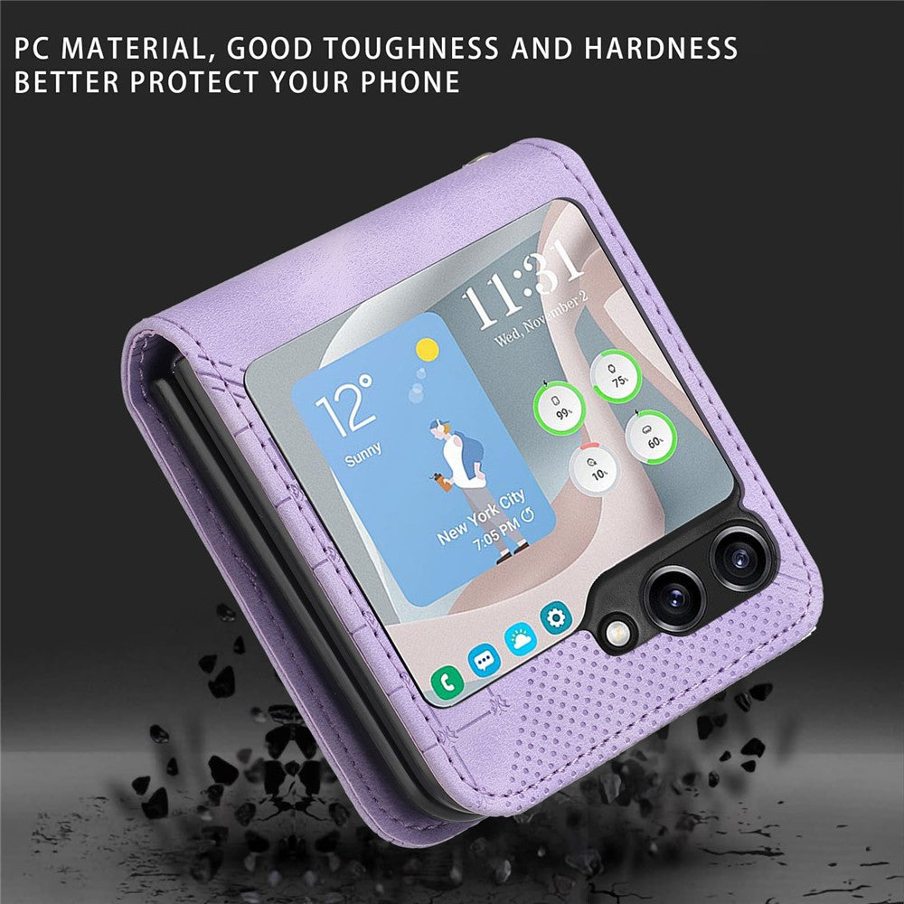 For Samsung Galaxy Z Flip7 FE 5G / Z Flip6 5G Leather Wallet Case Butterfly Flower Imprinted Phone Cover with Strap - Light Purple