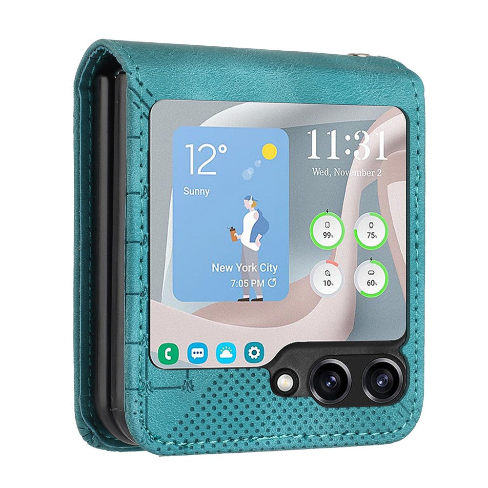 For Samsung Galaxy Z Flip7 FE 5G / Z Flip6 5G Leather Wallet Case Butterfly Flower Imprinted Phone Cover with Strap - Baby Blue