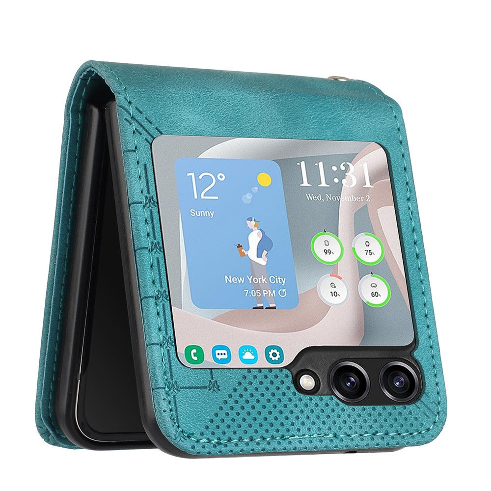 For Samsung Galaxy Z Flip7 FE 5G / Z Flip6 5G Leather Wallet Case Butterfly Flower Imprinted Phone Cover with Strap - Baby Blue