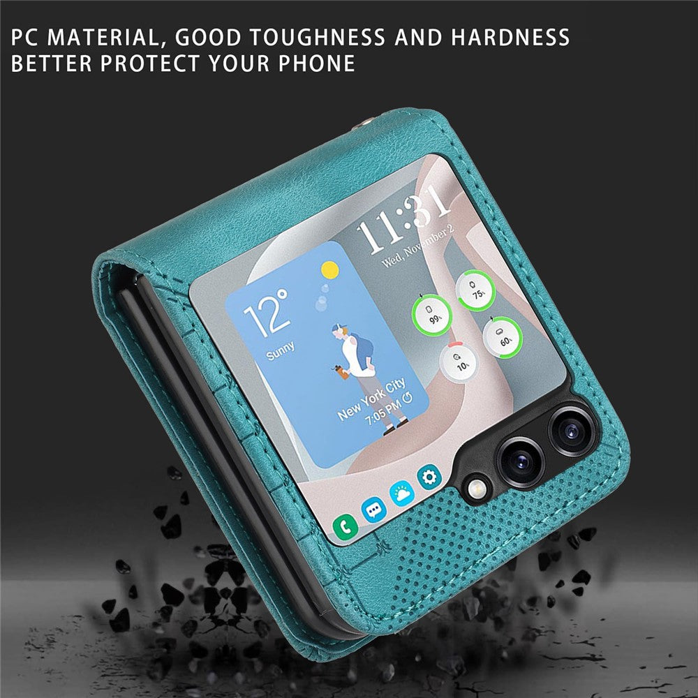 For Samsung Galaxy Z Flip7 FE 5G / Z Flip6 5G Leather Wallet Case Butterfly Flower Imprinted Phone Cover with Strap - Baby Blue