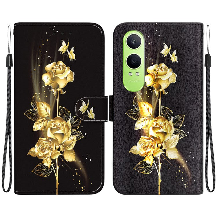 For OnePlus Nord CE4 Lite 5G Wallet Phone Case Anti-Drop Leather Flip Cover Pattern Printing - Gold Butterfly Rose