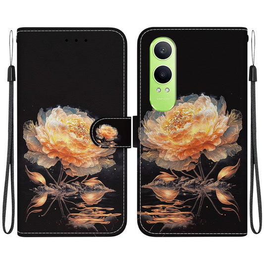 For OnePlus Nord CE4 Lite 5G Wallet Phone Case Anti-Drop Leather Flip Cover Pattern Printing - Gold Peony