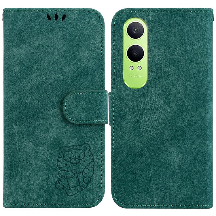 For OnePlus Nord CE4 Lite 5G Wallet Case Tiger Imprint Leather Shockproof Phone Cover - Green
