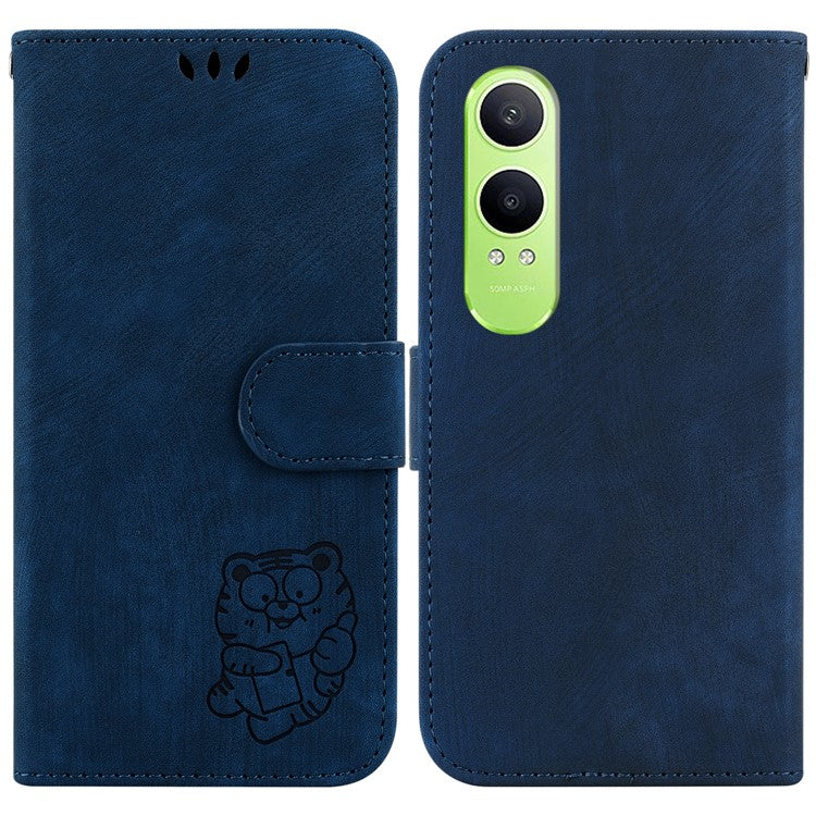For OnePlus Nord CE4 Lite 5G Wallet Case Tiger Imprint Leather Shockproof Phone Cover - Dark Blue