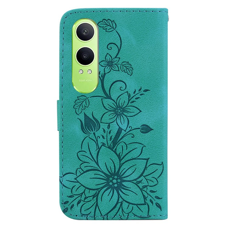 For OnePlus Nord CE4 Lite 5G Case Lily Flower Imprint Leather Phone Cover with Stand - Green