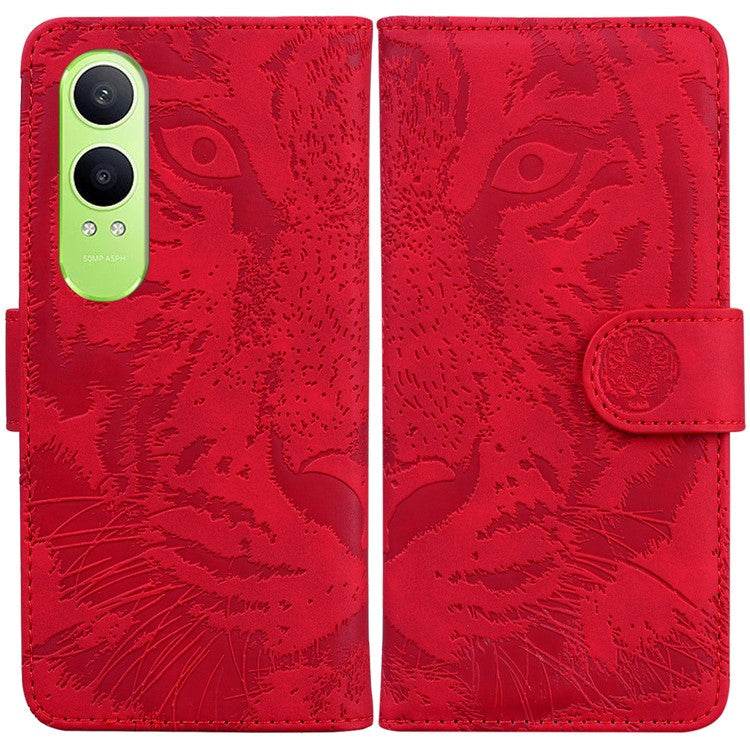 For OnePlus Nord CE4 Lite 5G Case Tiger Imprint Leather Wallet Phone Cover - Red