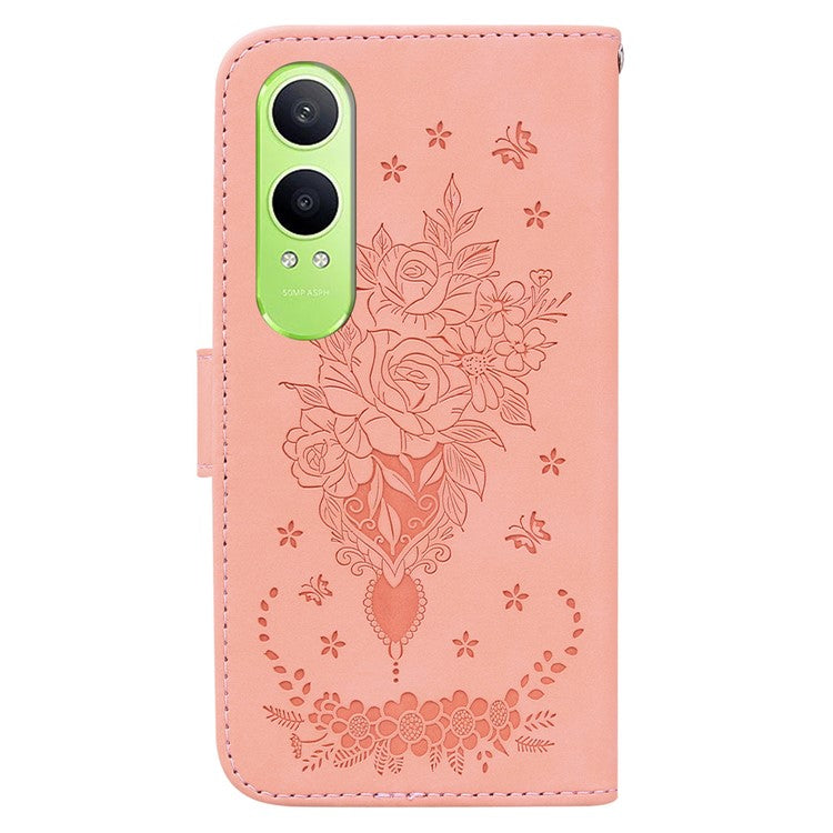 For OnePlus Nord CE4 Lite 5G Case PU Leather Wallet Phone Cover Butterfly Flower Imprint - Pink