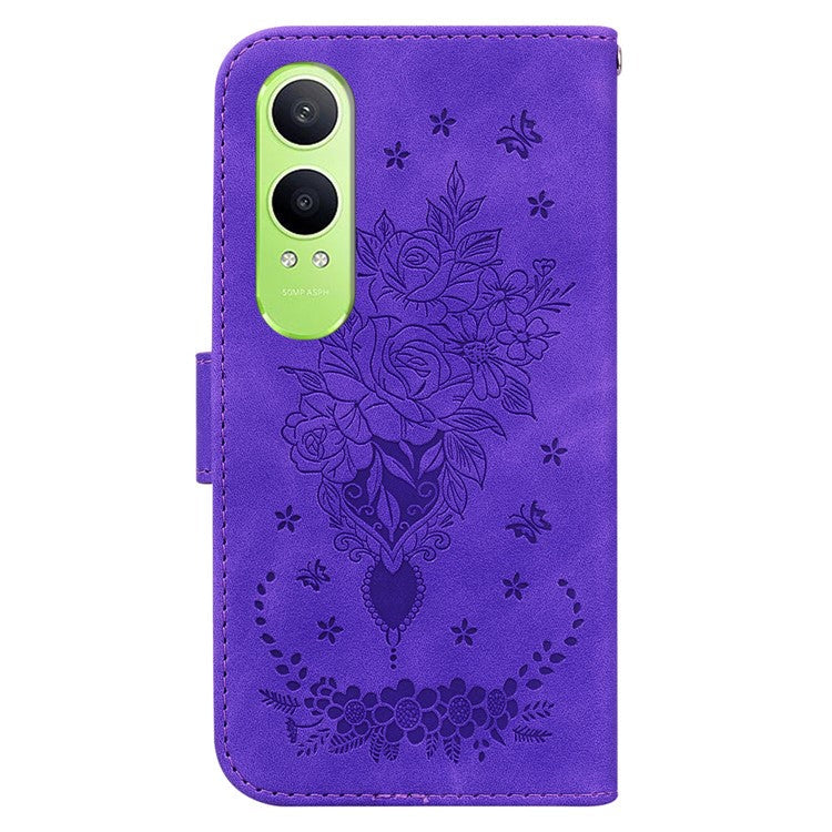 For OnePlus Nord CE4 Lite 5G Case PU Leather Wallet Phone Cover Butterfly Flower Imprint - Purple