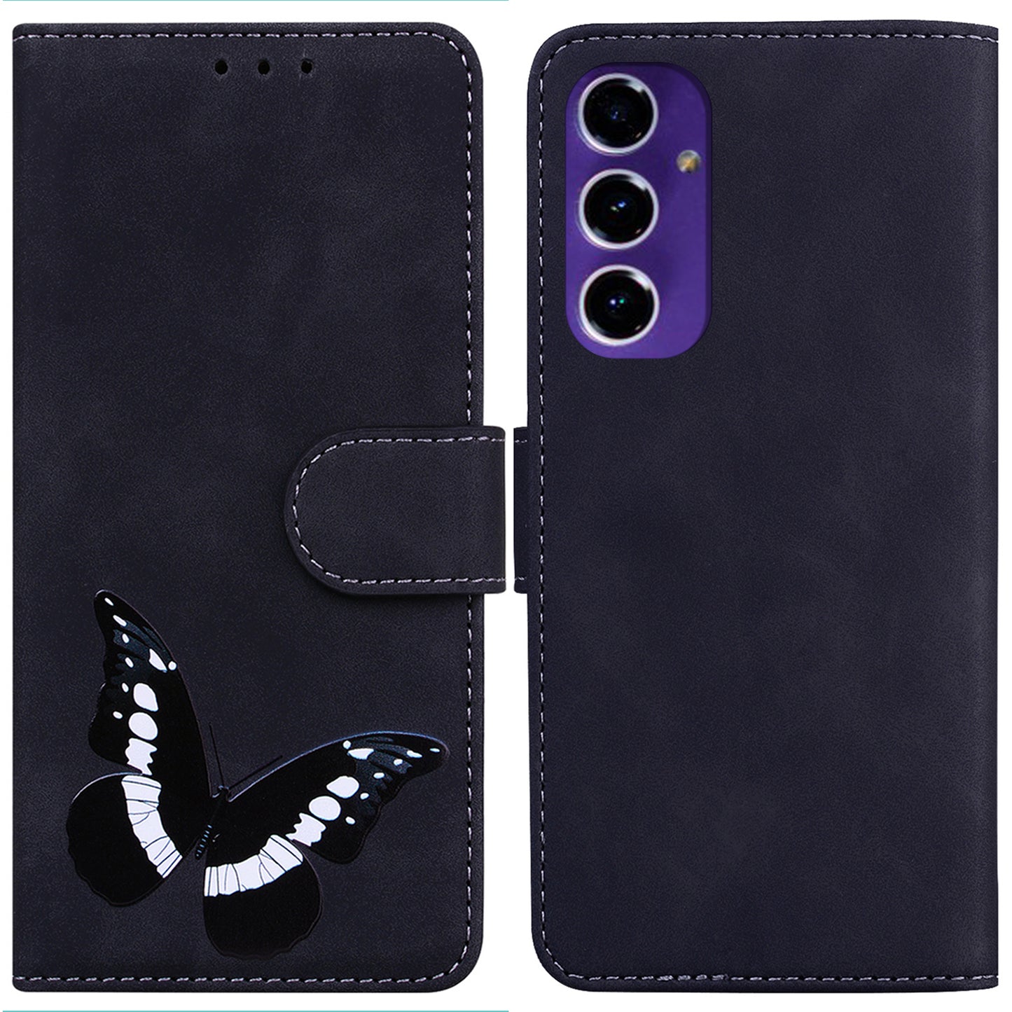 For Samsung Galaxy A16 5G / A16 4G Stand Case PU Leather Phone Cover Butterfly Printed - Black