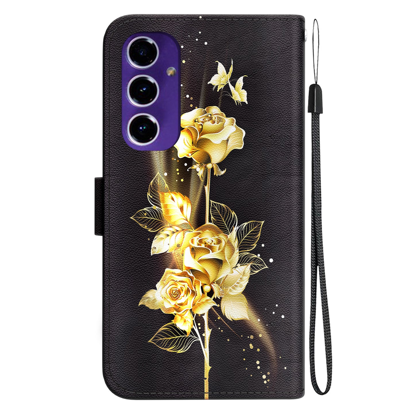 For Samsung Galaxy A16 5G / A16 4G Wallet Phone Case Anti-Drop Leather Flip Cover Pattern Printing - Gold Butterfly Rose