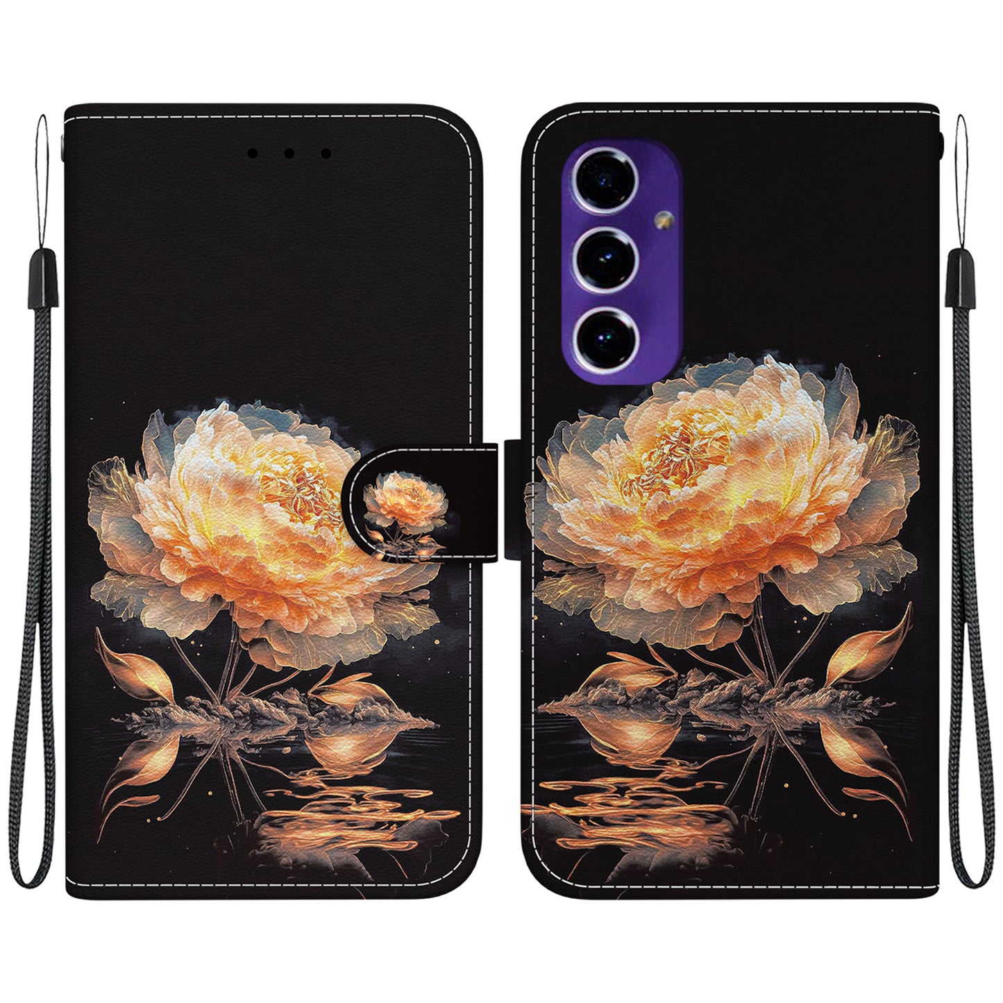 For Samsung Galaxy A16 5G / A16 4G Wallet Phone Case Anti-Drop Leather Flip Cover Pattern Printing - Gold Peony