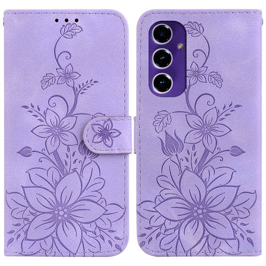 For Samsung Galaxy A16 5G / A16 4G Case Lily Flower Imprint Leather Phone Cover with Stand - Purple