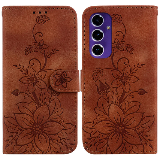 For Samsung Galaxy A16 5G / A16 4G Case Lily Flower Imprint Leather Phone Cover with Stand - Brown