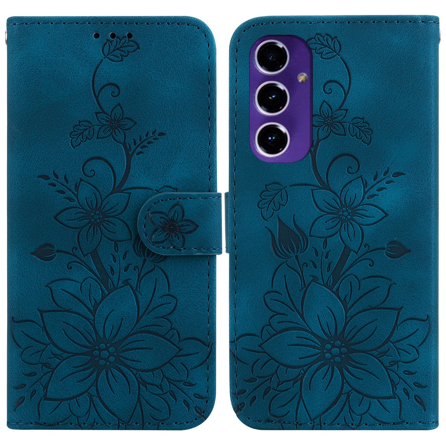 For Samsung Galaxy A16 5G / A16 4G Case Lily Flower Imprint Leather Phone Cover with Stand - Dark Blue