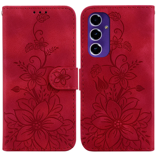 For Samsung Galaxy A16 5G / A16 4G Case Lily Flower Imprint Leather Phone Cover with Stand - Red