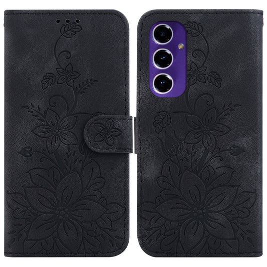 For Samsung Galaxy A16 5G / A16 4G Case Lily Flower Imprint Leather Phone Cover with Stand - Black