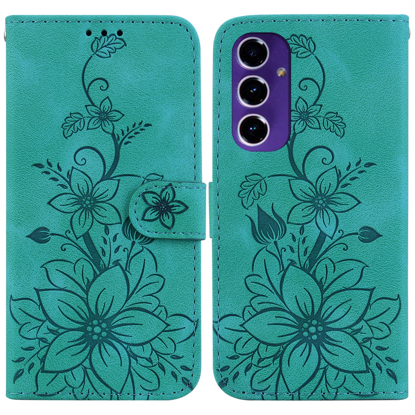 For Samsung Galaxy A16 5G / A16 4G Case Lily Flower Imprint Leather Phone Cover with Stand - Green