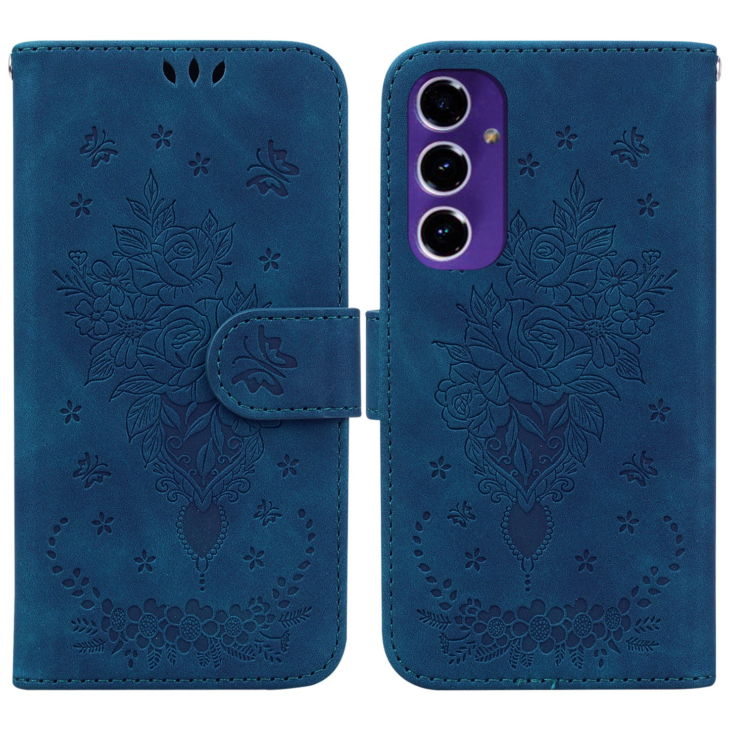 For Samsung Galaxy A16 5G / A16 4G Case PU Leather Wallet Phone Cover Butterfly Flower Imprint - Blue