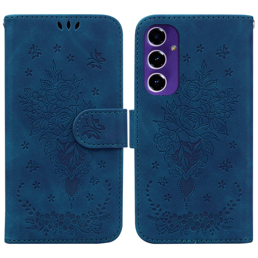 For Samsung Galaxy A16 5G / A16 4G Case PU Leather Wallet Phone Cover Butterfly Flower Imprint - Blue