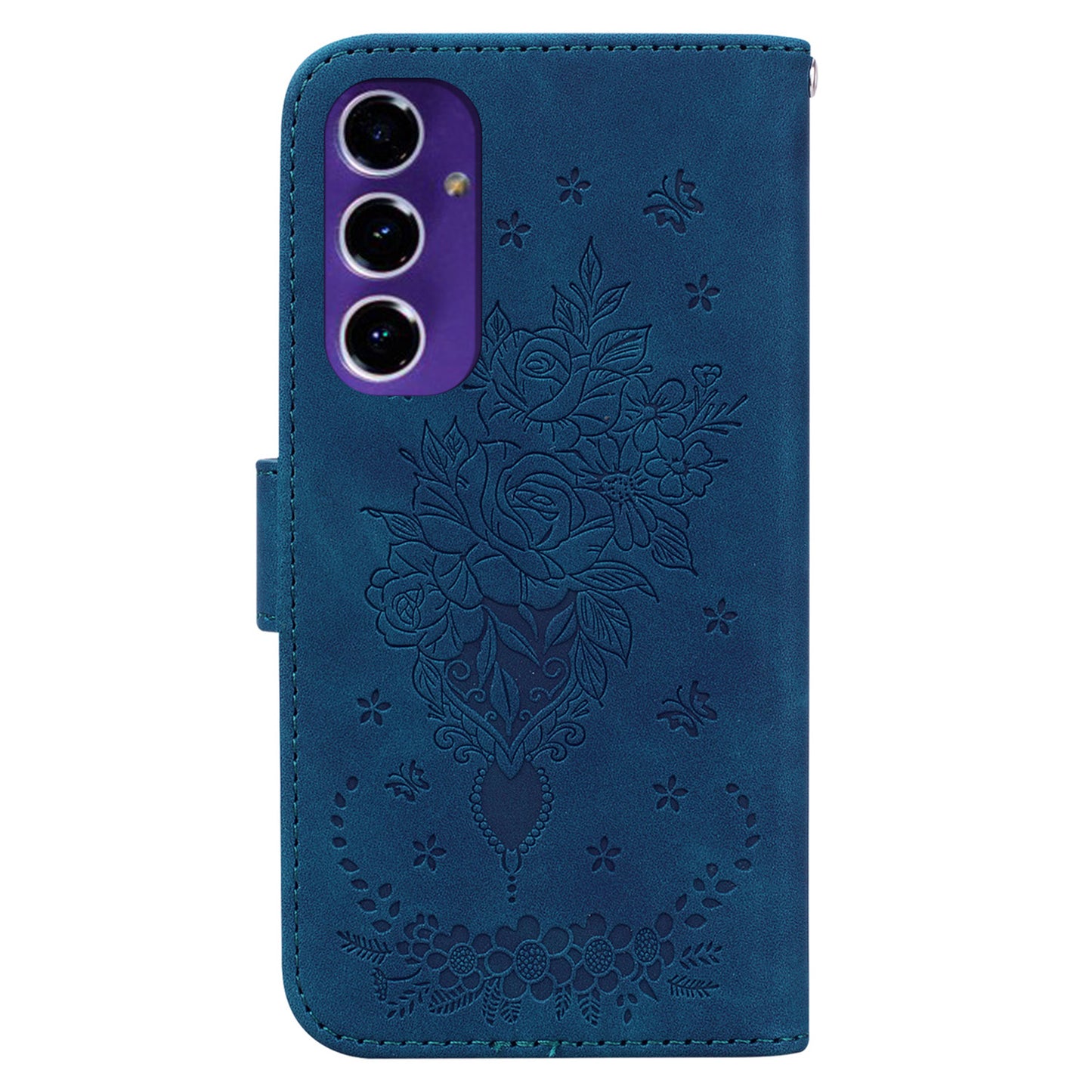 For Samsung Galaxy A16 5G / A16 4G Case PU Leather Wallet Phone Cover Butterfly Flower Imprint - Blue