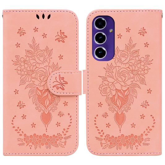 For Samsung Galaxy A16 5G / A16 4G Case PU Leather Wallet Phone Cover Butterfly Flower Imprint - Pink