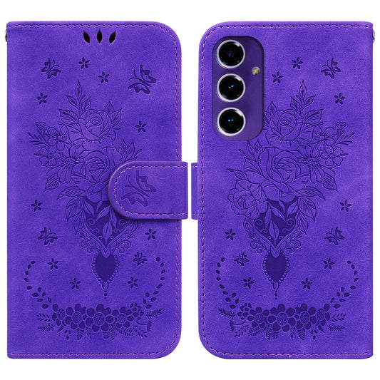 For Samsung Galaxy A16 5G / A16 4G Case PU Leather Wallet Phone Cover Butterfly Flower Imprint - Purple