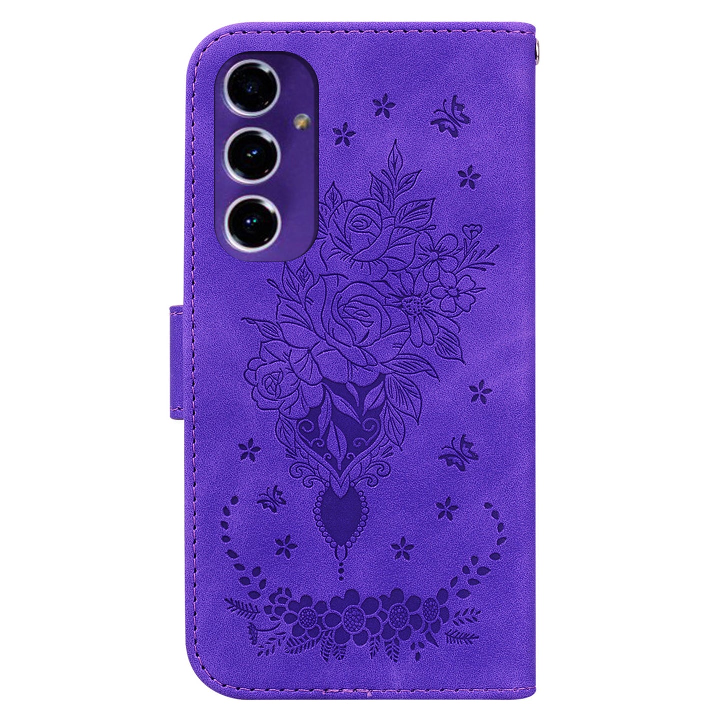 For Samsung Galaxy A16 5G / A16 4G Case PU Leather Wallet Phone Cover Butterfly Flower Imprint - Purple