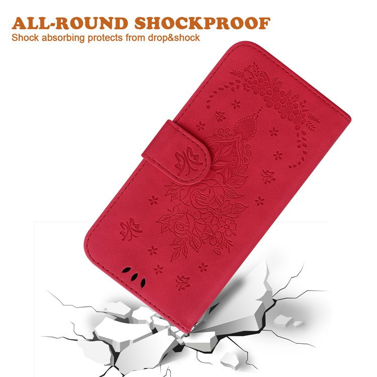 For Samsung Galaxy A16 5G Case PU Leather Wallet Phone Cover Butterfly Flower Imprint - Red