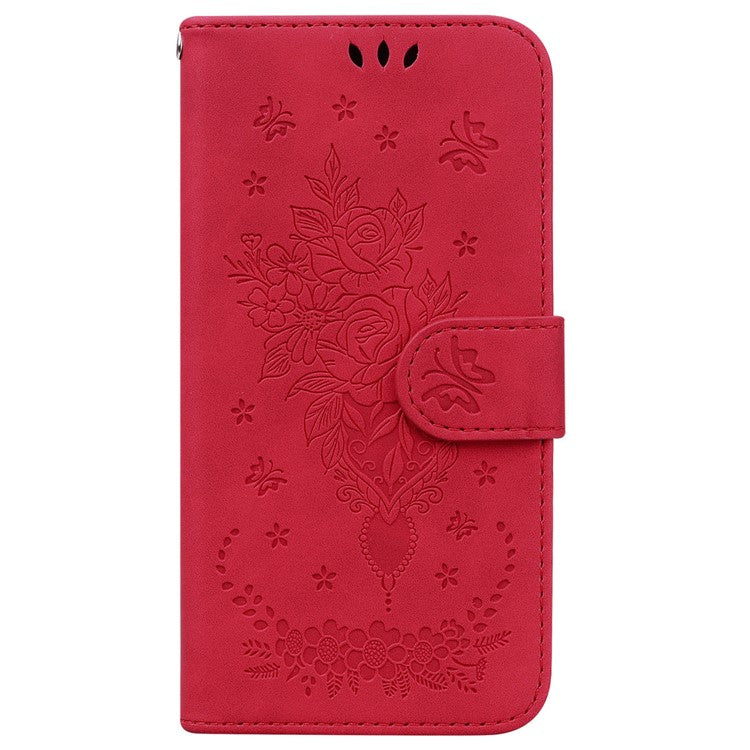 For Samsung Galaxy A16 5G Case PU Leather Wallet Phone Cover Butterfly Flower Imprint - Red