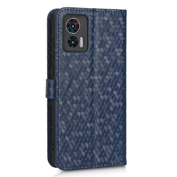 For Motorola Edge 30 Neo 5G / Edge 30 Lite 5G Foldable Stand Wallet Case Dot Pattern Imprinted TPU+PU Leather Flip Phone Shell - Dark Blue