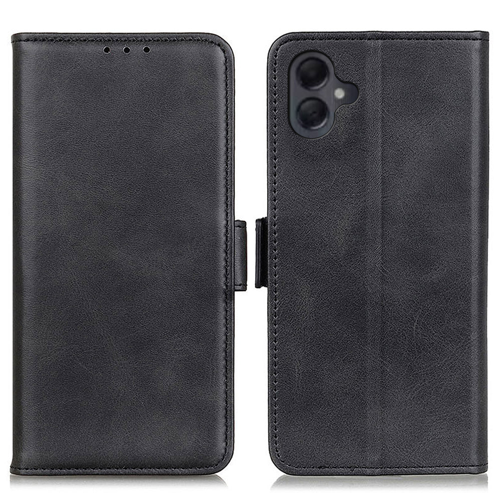 For Samsung Galaxy A06 Case Stand Cowhide Texture PU Leather Phone Cover - Black
