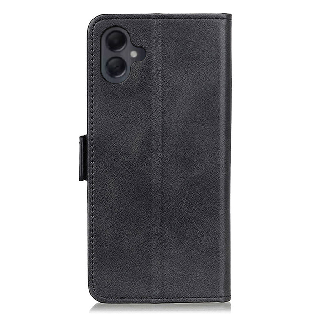 For Samsung Galaxy A06 Case Stand Cowhide Texture PU Leather Phone Cover - Black